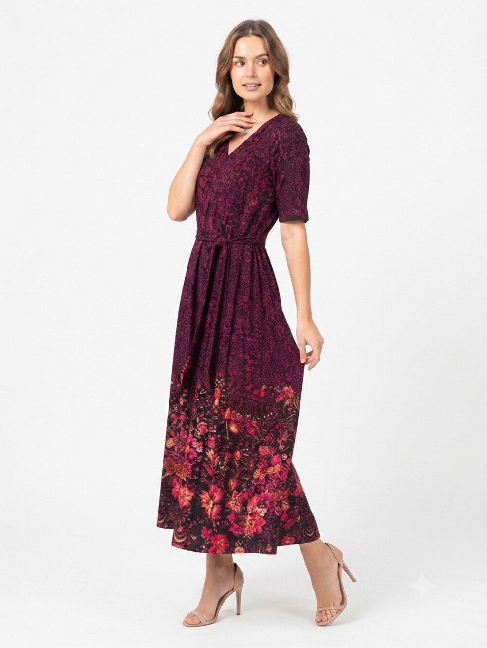 NWOT MSK Burgundy Floral Short Sleeve Midi Jersey Dress Size M Belted V-Neck